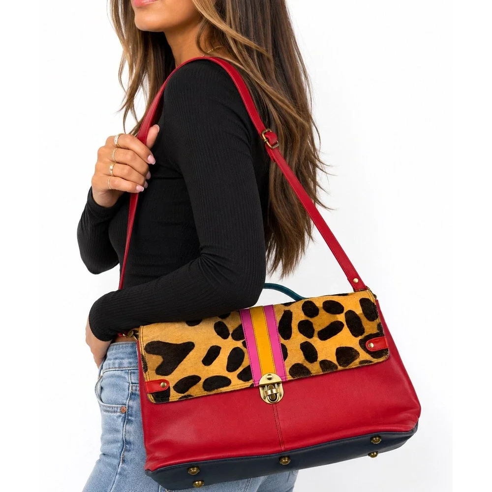 Soruka Oreleans Vintage Y2K Red Leather Leopard Print Crossbody Satchel Bag $170